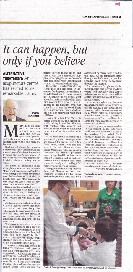 Akhbar New Straits Times telah melaporkan mengenai MASTER tentang akupunktur dan herba