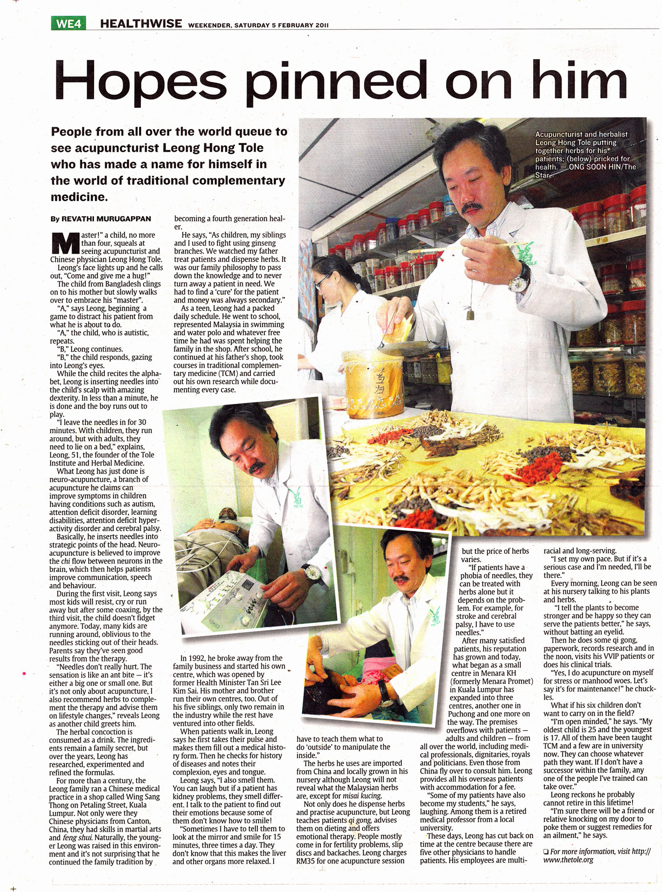 The Star Newspaper report on Our Master's  Acupuncture Treatment and Herbal Medical Treatment